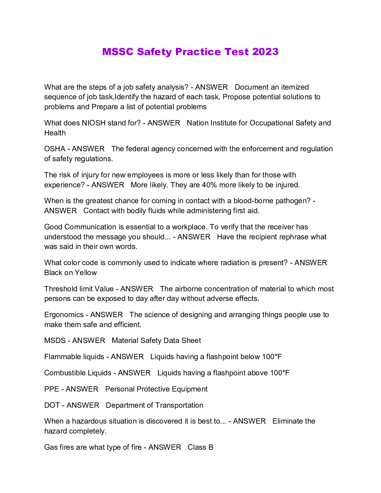 MSSC Safety Practice Test 2023 Browsegrades